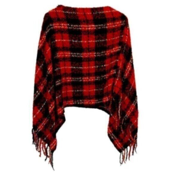 Sweaters - Black & Red Plaid Fringed Poncho One Size Fits Small Medium